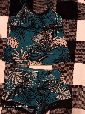 Secret Treasures Teal Floral Lace-Trim Cami & Short Pajama Set